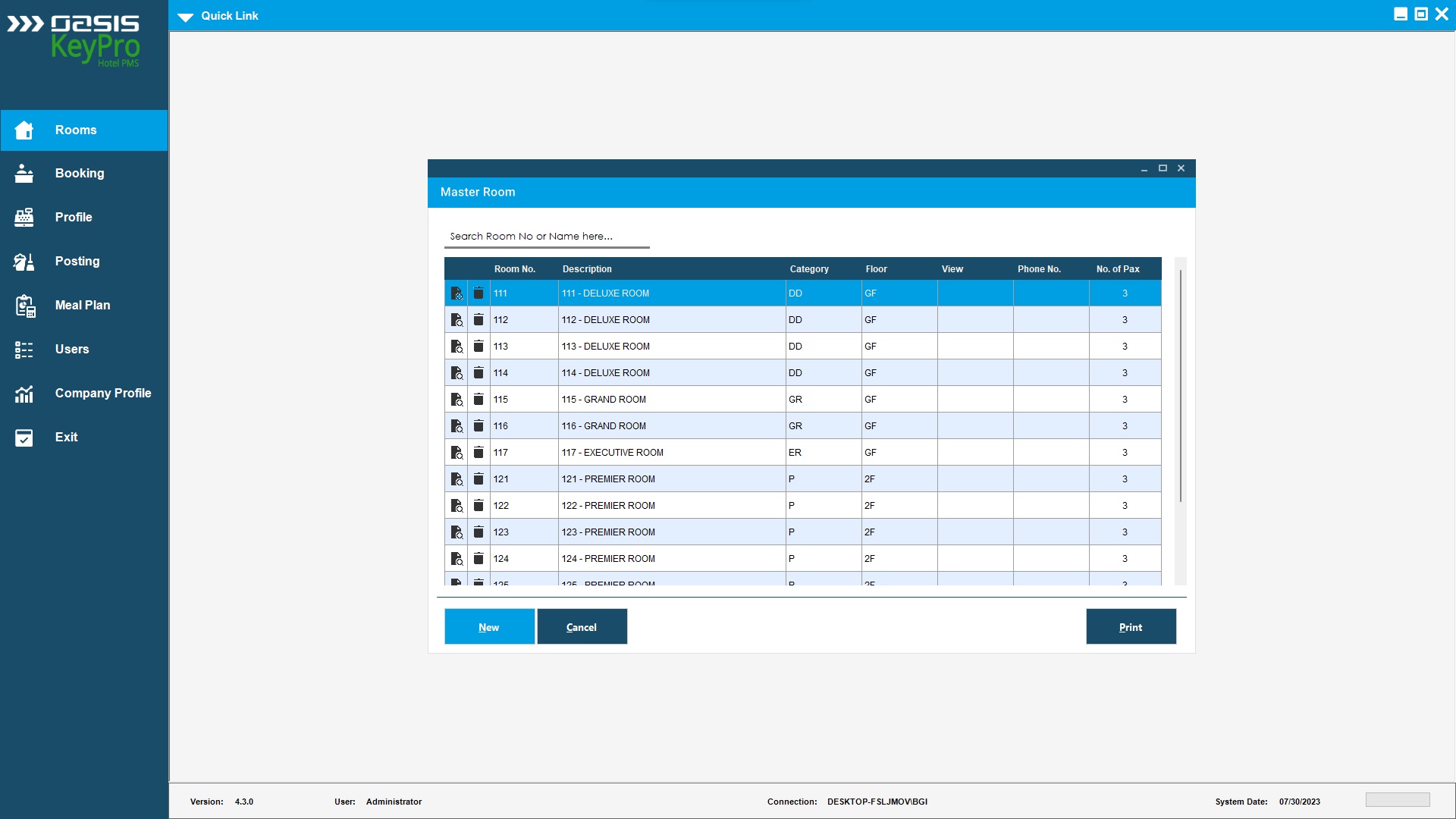 Master room setup screen for room inventory and status mapping in LAP IT PMS.